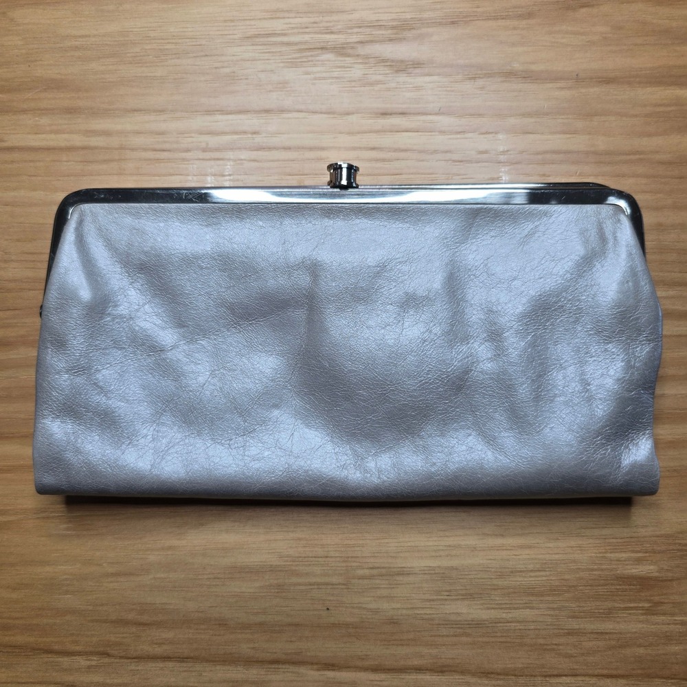 Hobo International Lauren Silver Metallic Leather Frame Clutch Tri-Fold Wallet